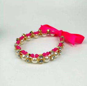 Lovely Pearl Ribbon Necklace (Color: Pink, size: large)