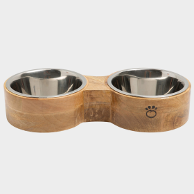 GF Pet Wood & Metal Feeder Double Diner (size: SmallColorGold Plated Metal Chain)
